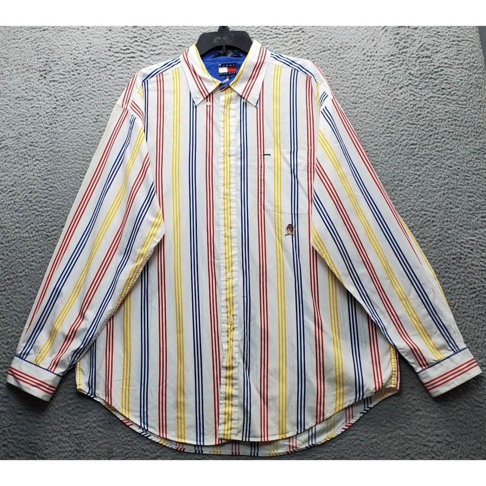 Vintage Tommy Hilfiger Shirtโ Mens XL Multi-Striped Chest Pocket Button Down EUC